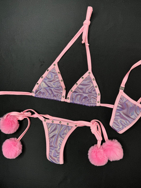 Metallic Lavender/Baby Pink Furballs Two-Piece Bikini Lingerie Outfit