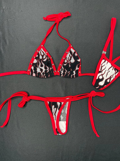 White Flame Mesh Two-Piece Side Tie Bikini Lingerie Outfit