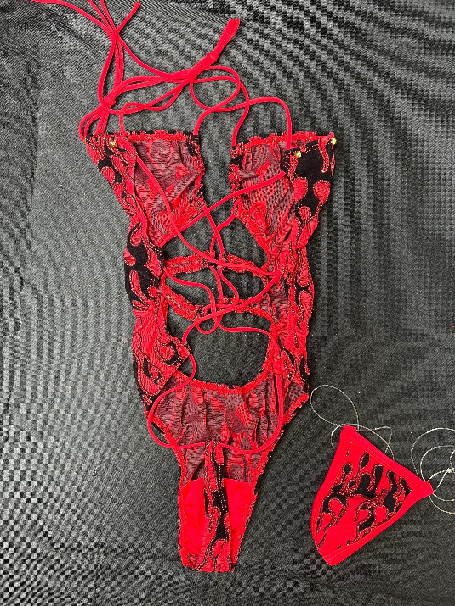 Red Flame Mesh One-Piece Lingerie Outfit