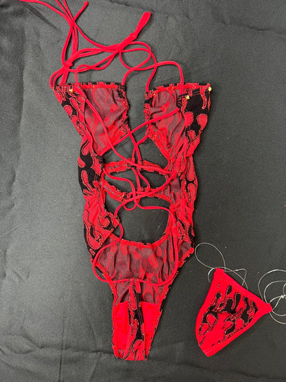 Red Flame Mesh One-Piece Lingerie Outfit