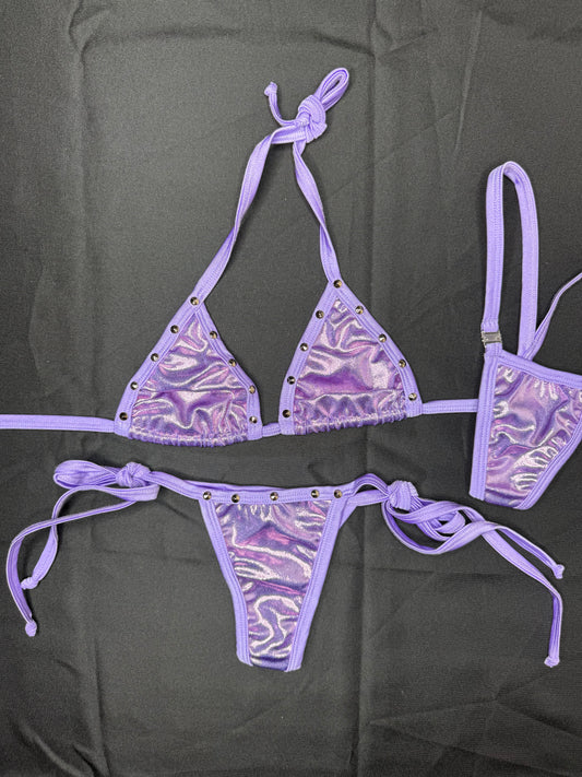 Metallic Lavender Spandex Two-Piece Side-Tie Bikini Lingerie Outfit
