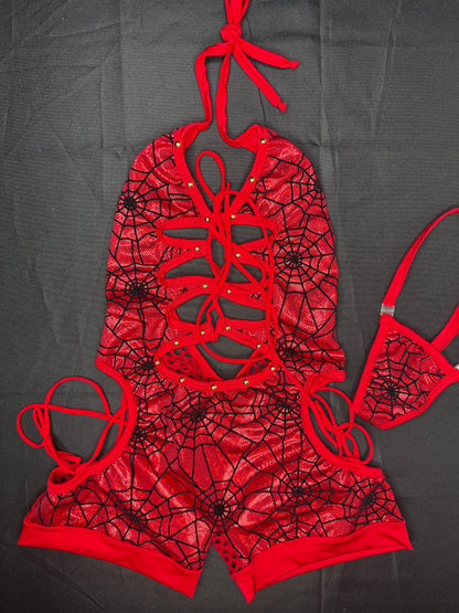 Red Spandex Spider Web One-Piece Romper Lingerie Outfit