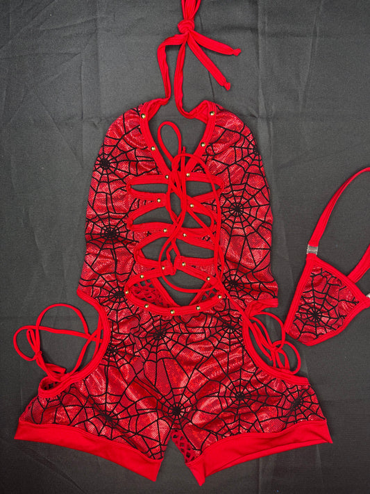 Red Spandex Spider Web One-Piece Romper Lingerie Outfit