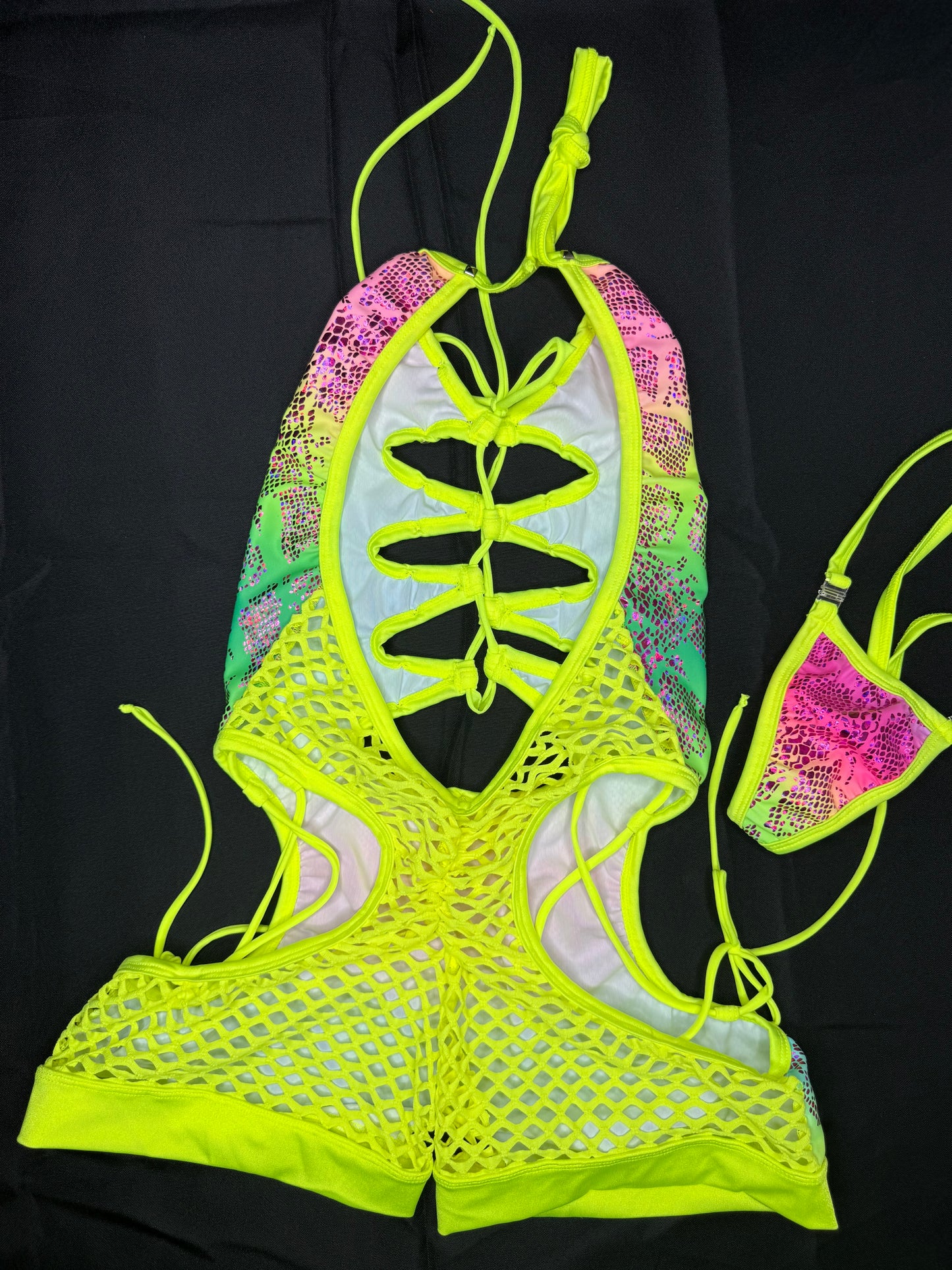 Neon Yellow Fishnet Animal Print Spandex Romper Lingerie Outfit