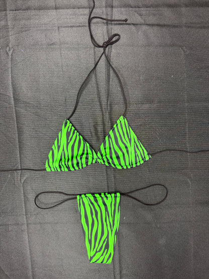 Neon Green Print Micro Bikini Lingerie Outfit