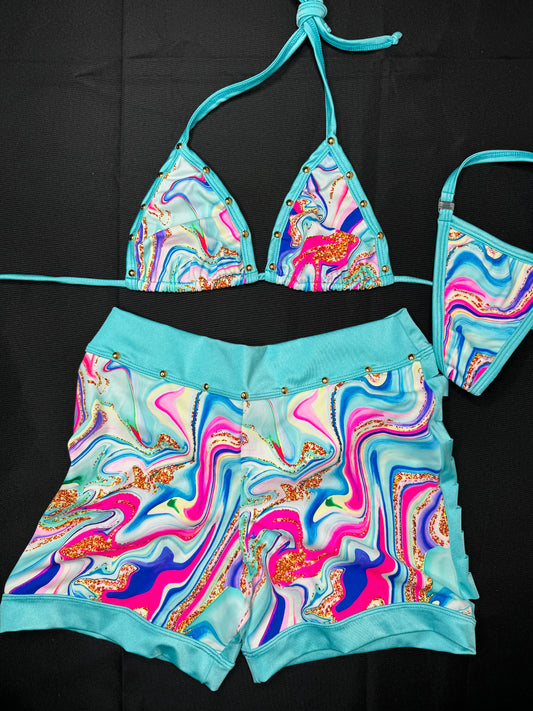 Mint Glitter Bomb Two-Piece Ripped Back Exotic Dancer Outfit