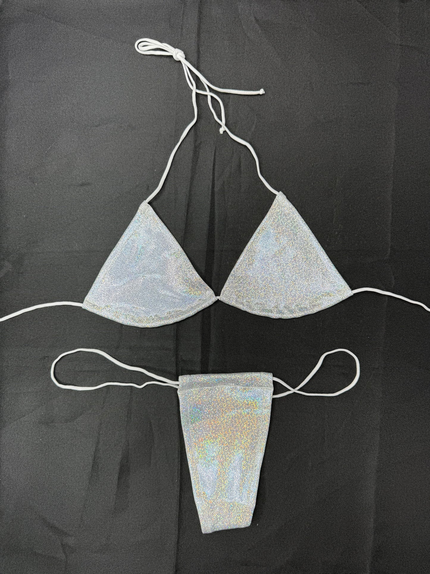 Silver Spandex Two-Piece Micro Bikini Lingerie Outfit