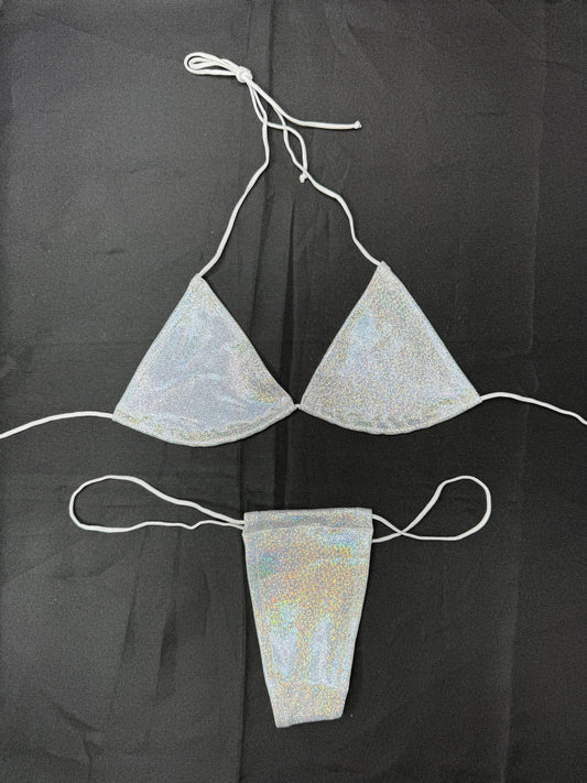 Silver Spandex Two-Piece Micro Bikini Lingerie Outfit