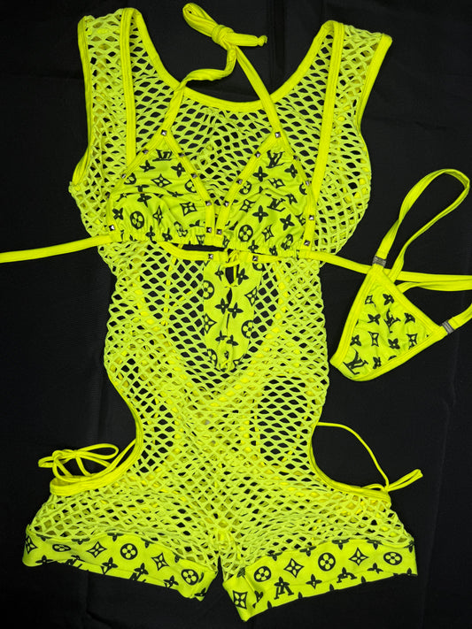 Neon Yellow Designer Spandex Fishnet Romper/Bikini Top One-Piece Lingerie Outfit
