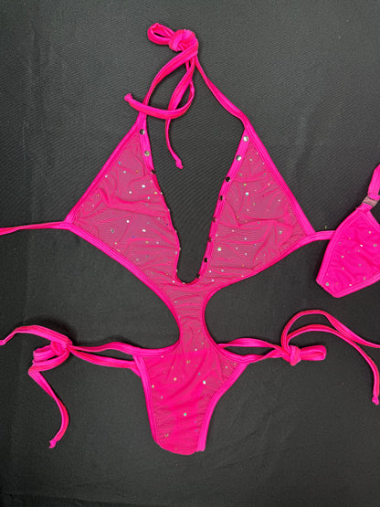 Hot Pink Mesh One-Piece Lingerie Outfit