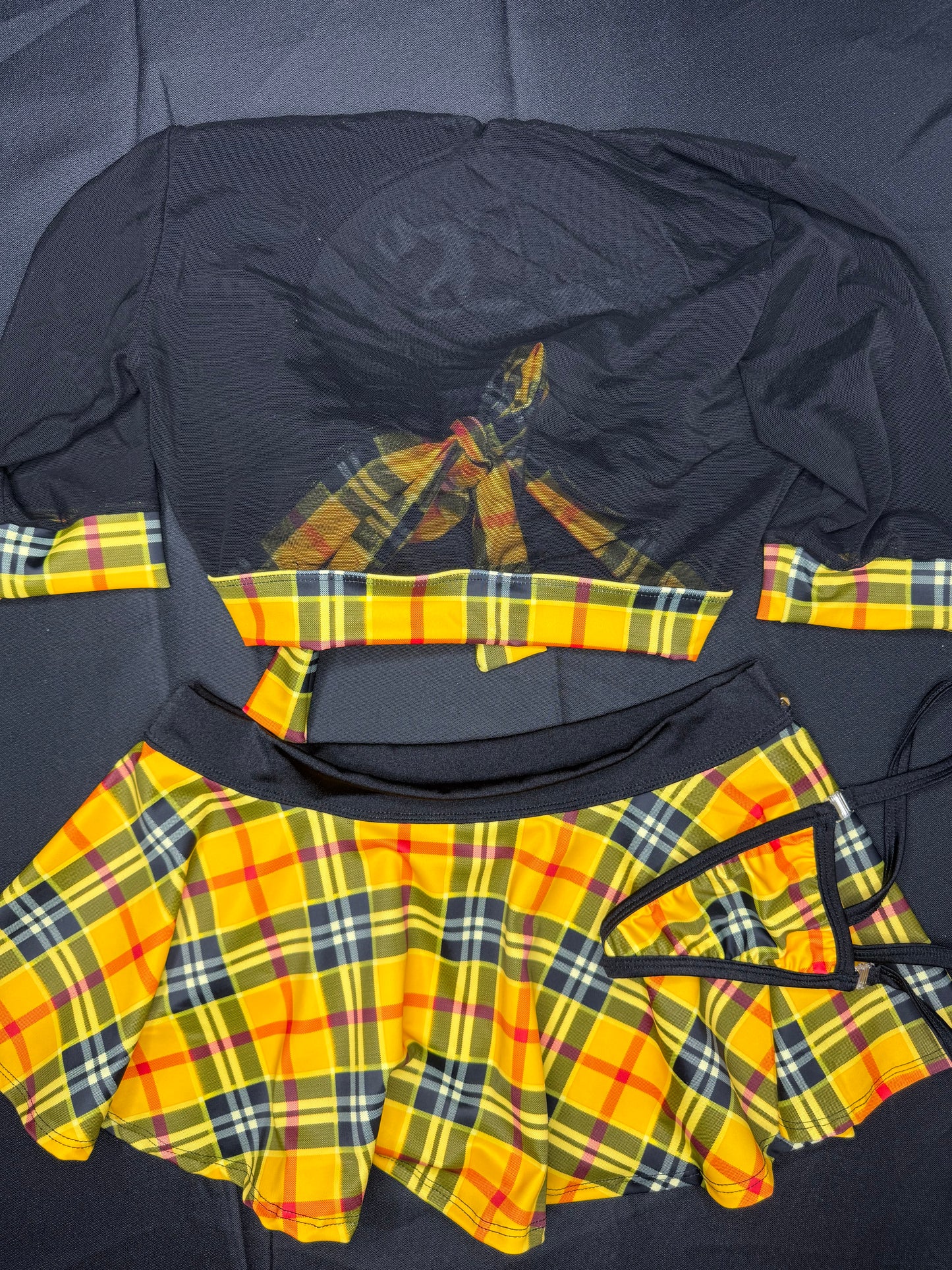 Yellow Plaid Spandex/Black Mesh Top School Girl Lingerie Outfit