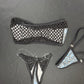 Holographic Baby Blue Designer Print/Black Fishnet Spandex Tube Top/Bikini Bottoms Two-Piece Lingerie Outfits