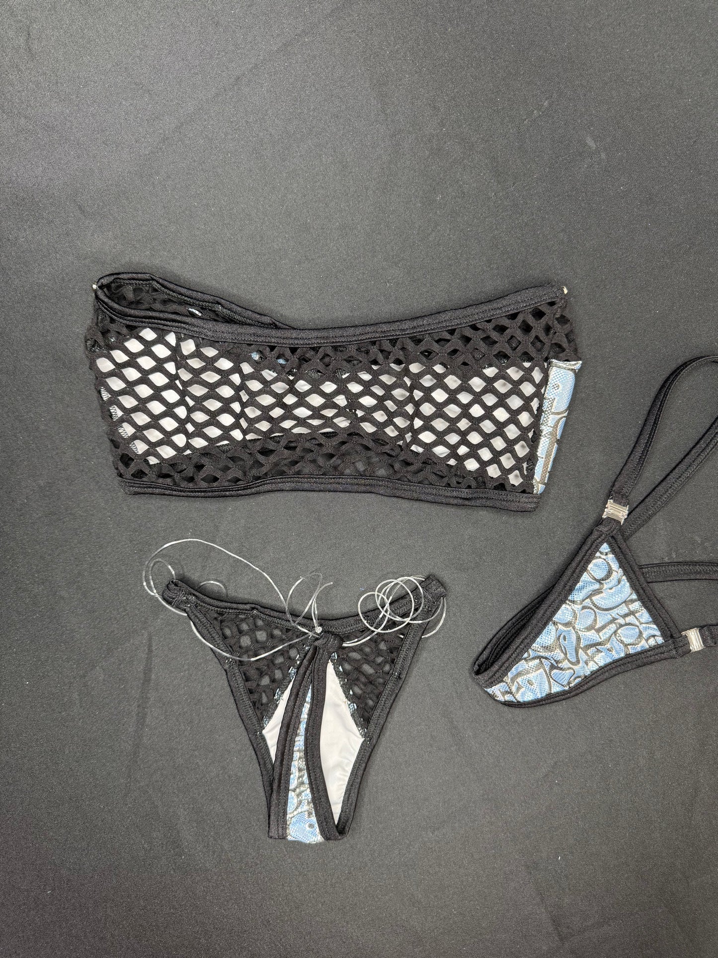 Holographic Baby Blue Designer Print/Black Fishnet Spandex Tube Top/Bikini Bottoms Two-Piece Lingerie Outfits