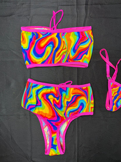 Multi Color/Hot Pink Tube Top/Shorts Two-Piece Lingerie Outfit