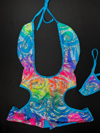 Rainbow/Silver Print Spandex One-Piece Lingerie Outfit