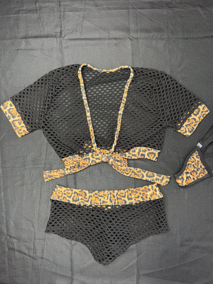 Black Fishnet/Cheetah Animal Print Short Sleeve Top/Shorts Two-Piece Lingerie Outfit