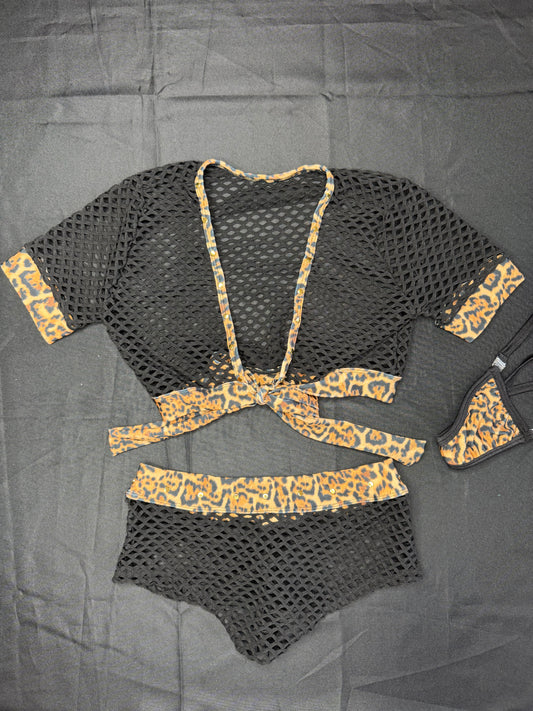 Black Fishnet/Cheetah Animal Print Short Sleeve Top/Shorts Two-Piece Lingerie Outfit