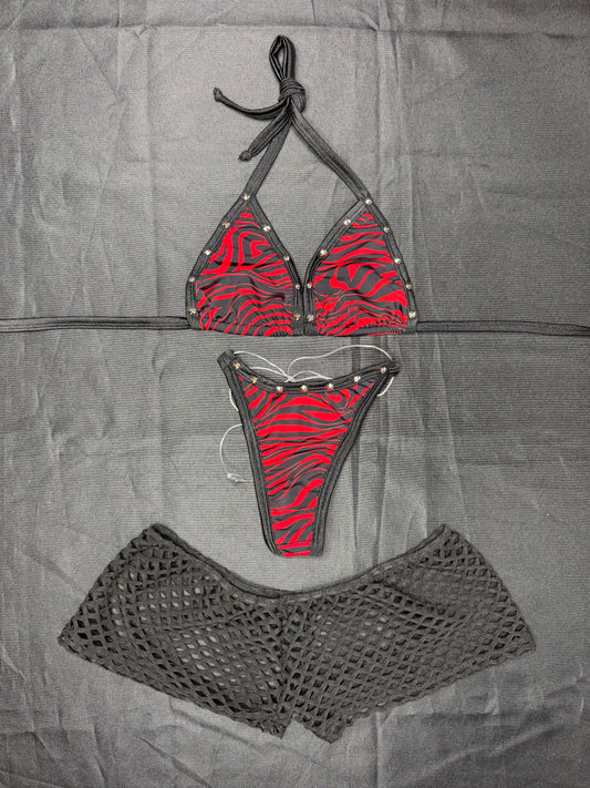 Red Animal Print/Black Spandex Three-Piece Lingerie Outfit