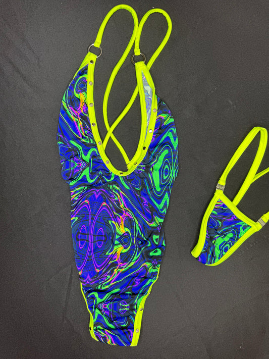 Trippy Print/Yellow Spandex One-Piece Lingerie Outfit