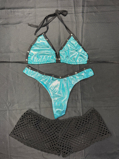 Metallic Baby Blue/Black Spandex Three-Piece Lingerie Outfit