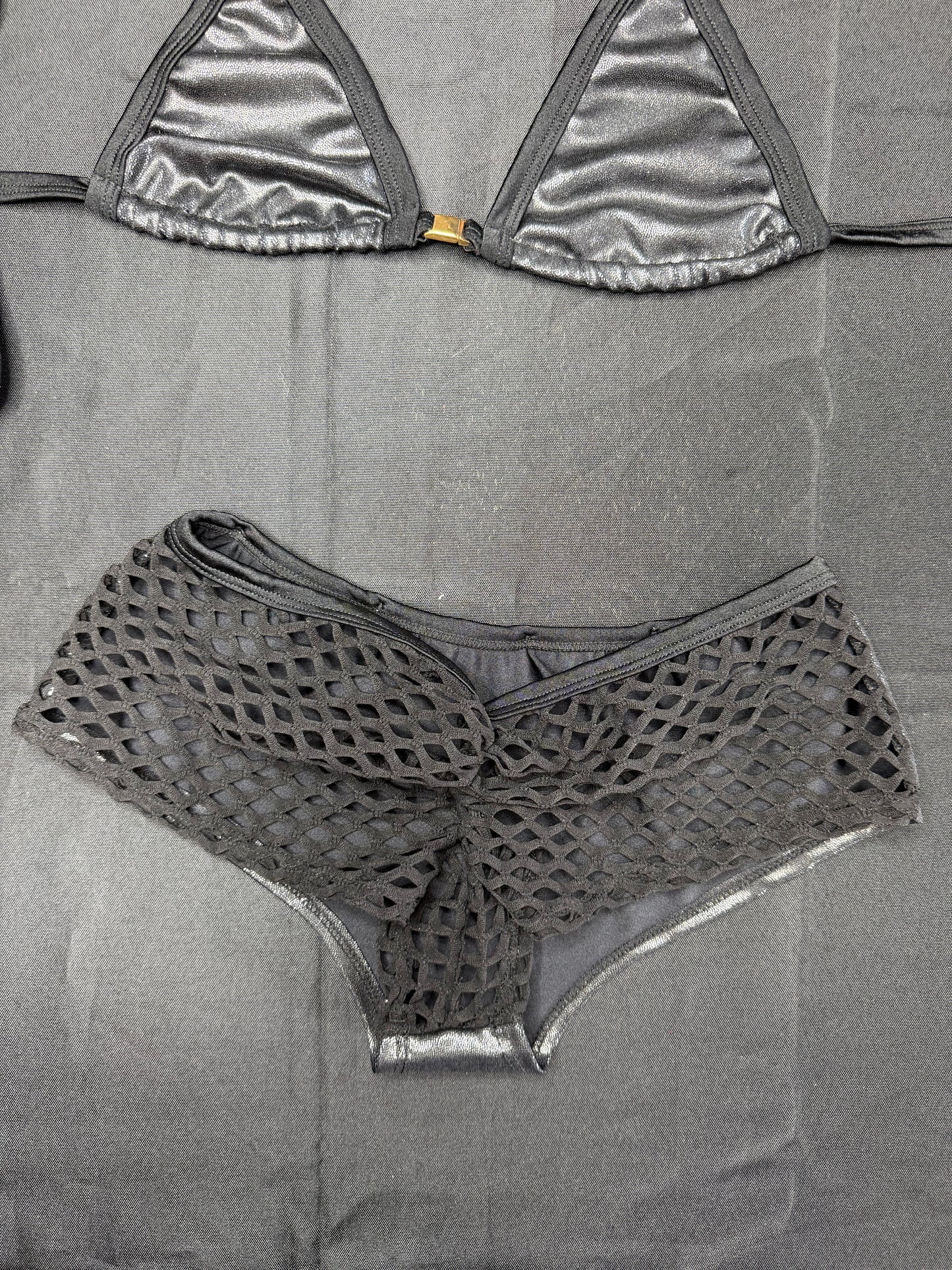 Metallic Black Spandex/Black Fishnet Shorts with Choker Two-Piece Lingerie Outfit