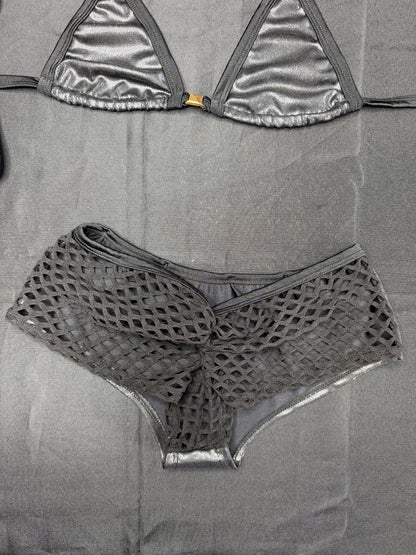 Metallic Black Spandex/Black Fishnet Shorts with Choker Two-Piece Lingerie Outfit