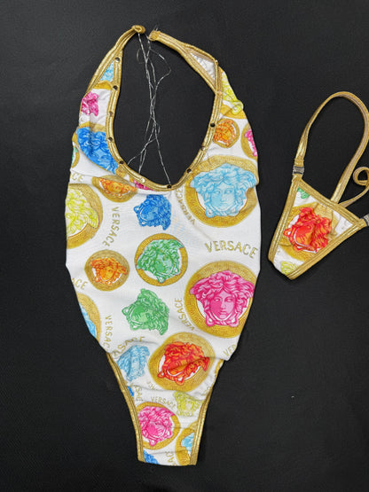 Gold/White Designer One-Piece Silicone Back Lingerie Outfit