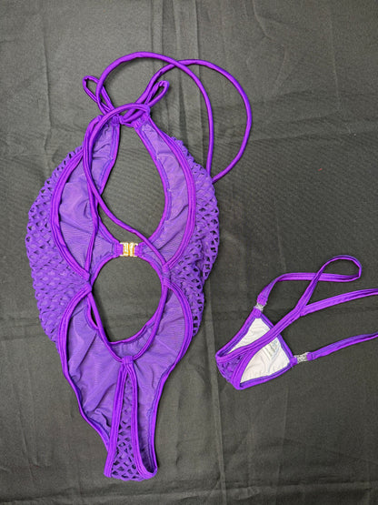 Purple Fishnet Spandex One-Piece Lingerie Outfit