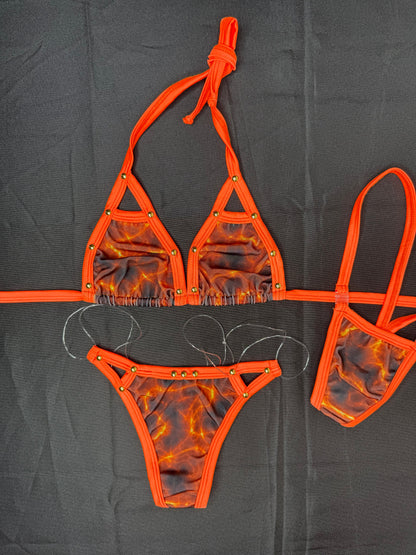 Orange Print Spandex Two-Piece Silicone String Bottoms Bikini Lingerie Outfit