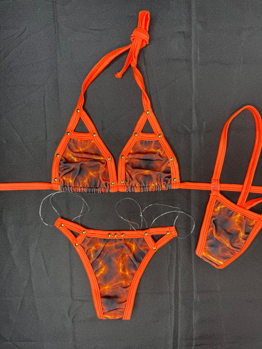 Orange Print Spandex Two-Piece Silicone String Bottoms Bikini Lingerie Outfit