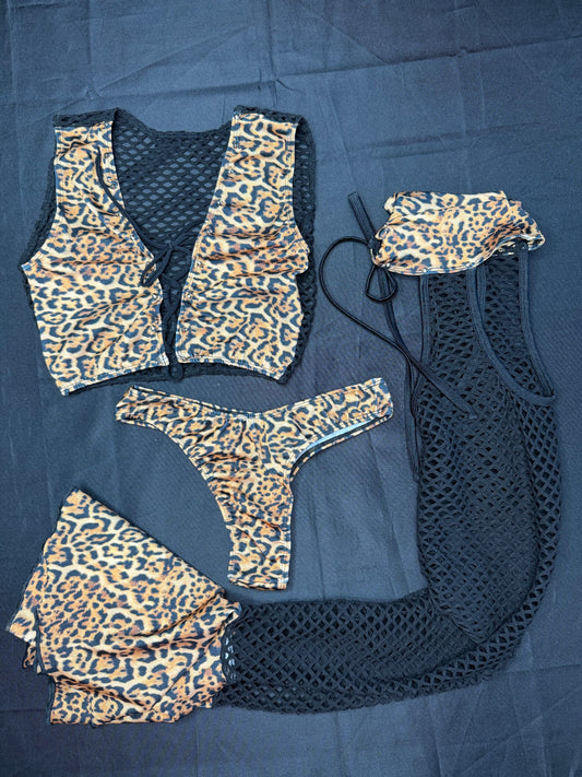 Cheetah Animal Print/Black Fishnet Spandex Chaps Leg Outfit/Cheeky Thong/Top Lingerie Outfit