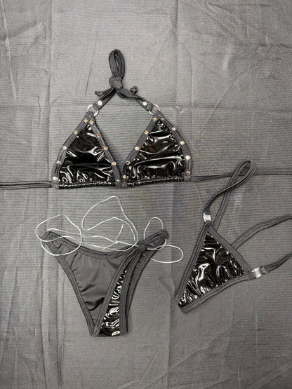 Black Latex Two-Piece Bikini Lingerie Outfit