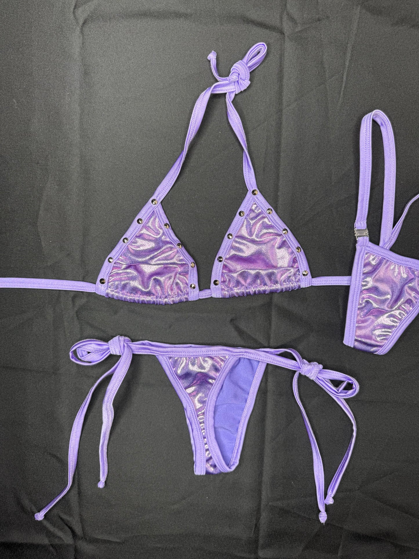 Metallic Lavender Spandex Two-Piece Side-Tie Bikini Lingerie Outfit