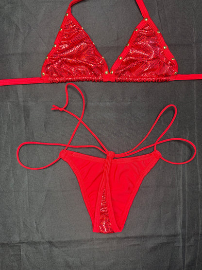 Metallic Red Spandex/Red Mesh Three-Piece Lingerie Outfit