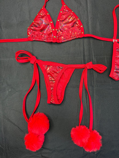 Red Animal Print/Red Spandex Pom Pom Two-Piece Bikini Lingerie Outfit