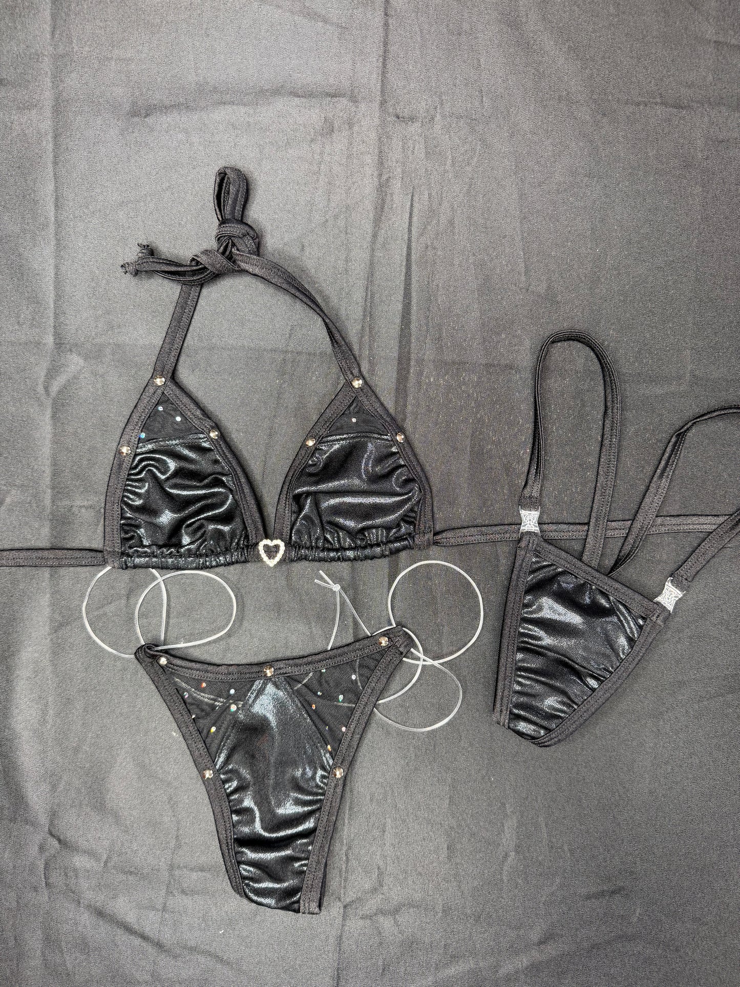 Metallic Black Spandex/Black Mesh Two-Piece Bikini Lingerie Outfit