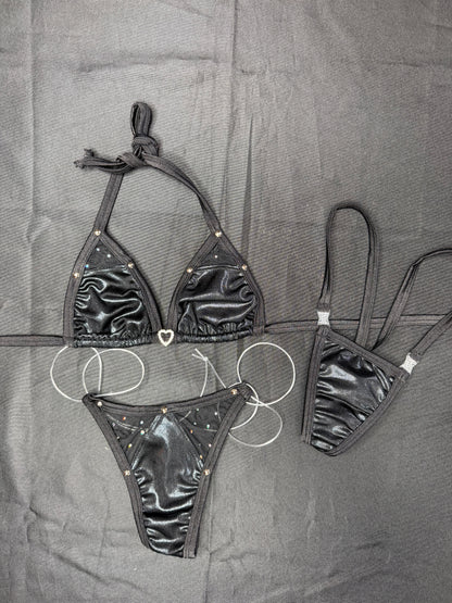 Metallic Black Spandex/Black Mesh Two-Piece Bikini Lingerie Outfit
