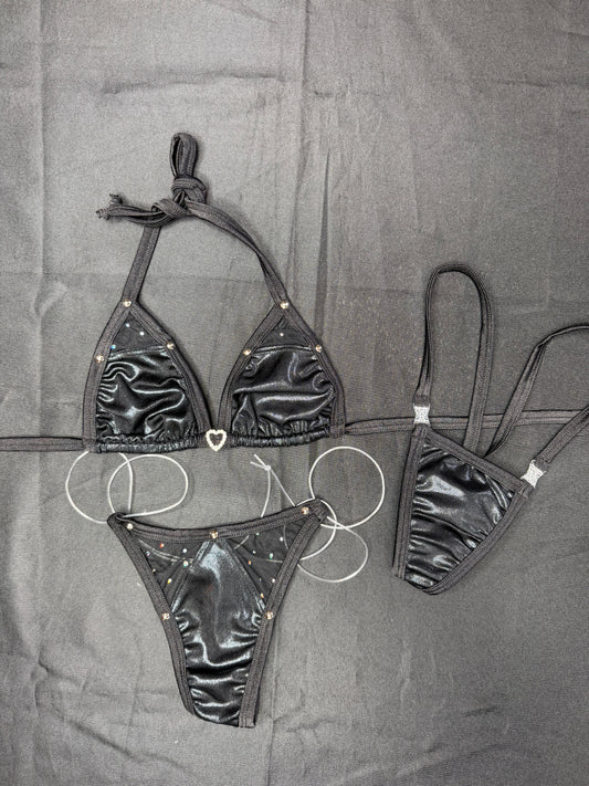 Metallic Black Spandex/Black Mesh Two-Piece Bikini Lingerie Outfit
