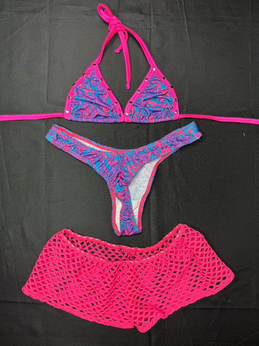 Purple/Pink Spandex Three-Piece Bikini Top/Cheeky Thong/Shorts Lingerie Outfit