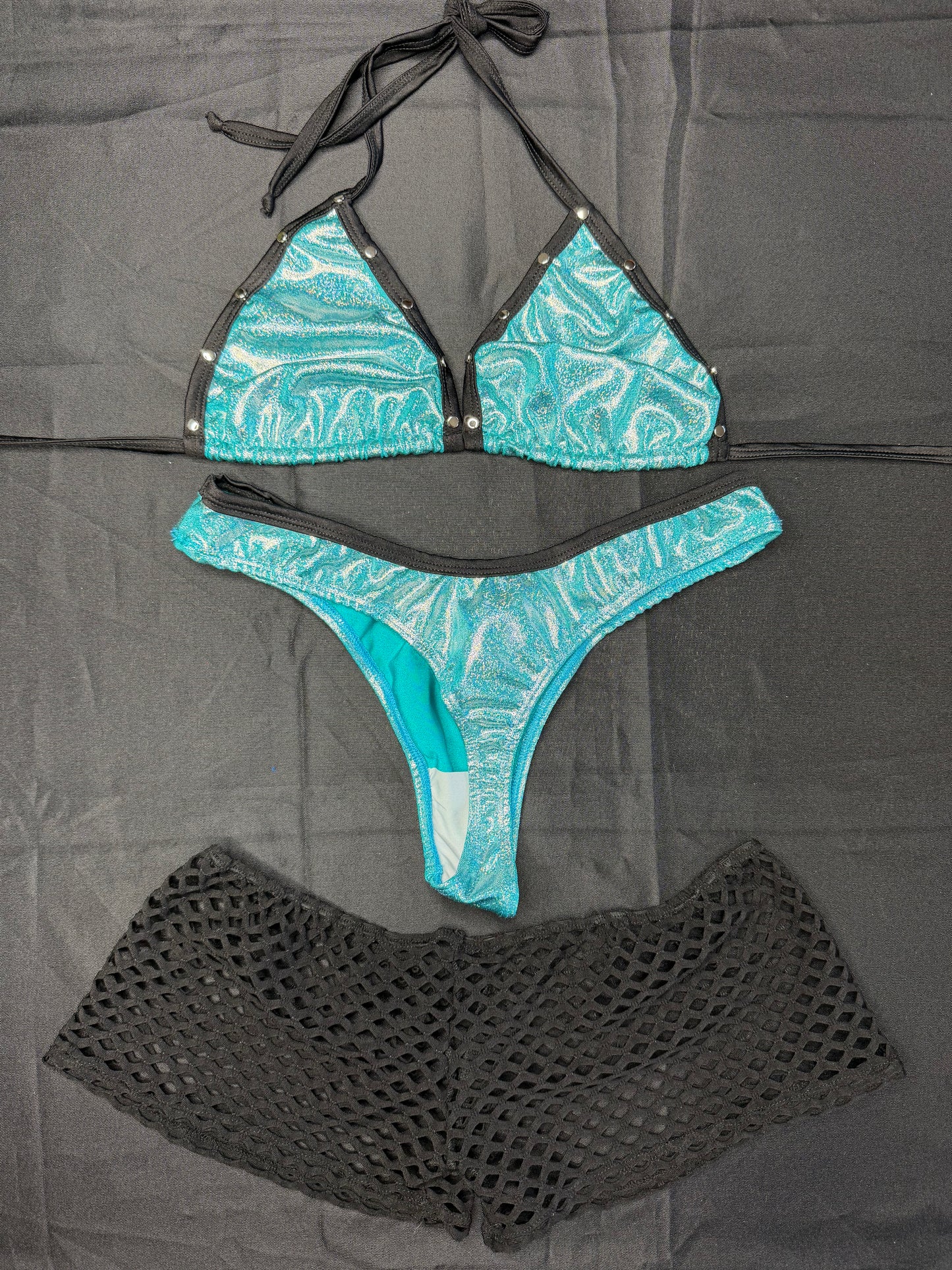 Metallic Baby Blue/Black Spandex Three-Piece Lingerie Outfit