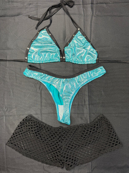 Metallic Baby Blue/Black Spandex Three-Piece Lingerie Outfit