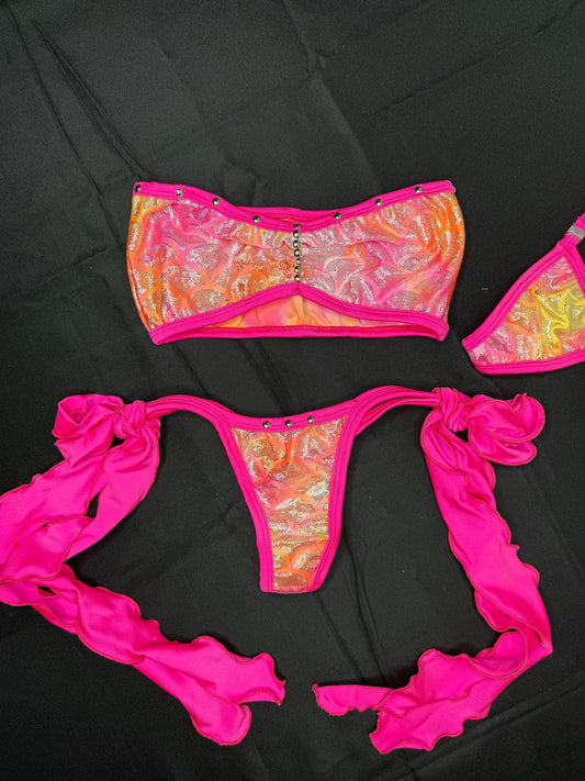 Hot Pink/Metallic Spandex Two-Piece Lingerie Outfit