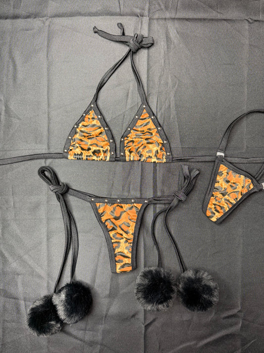 Animal Print Spandex/Black Fur Two-Piece Bikini Lingerie Outfit