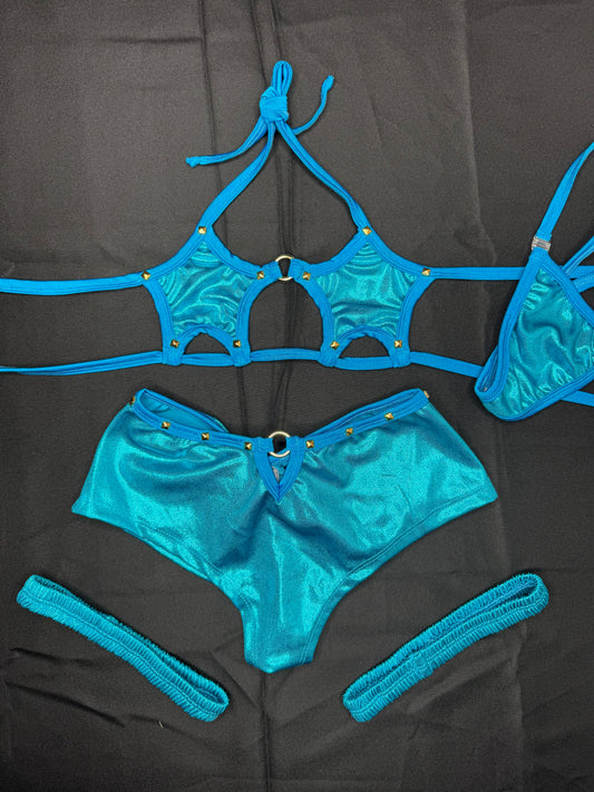 Teal Star Top/Shorts Garters Three Piece Lingerie Outfit