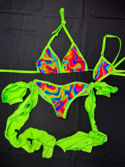 Neon Yellow/Multi Color Spandex Two-Piece Bikini Lingerie Outfit