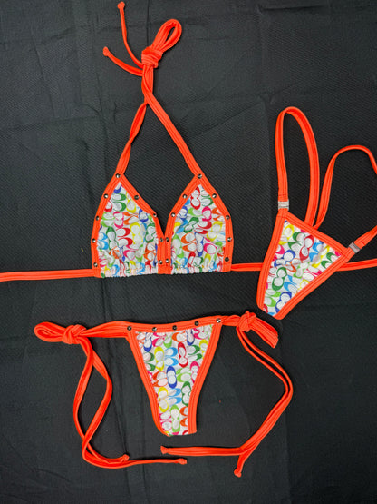 White Designer/Orange Spandex Bikini Lingerie Outfit