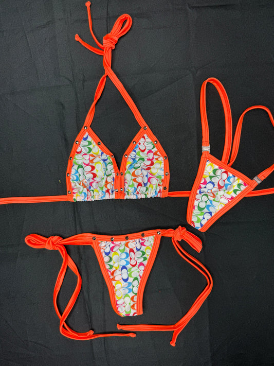 White Designer/Orange Spandex Bikini Lingerie Outfit
