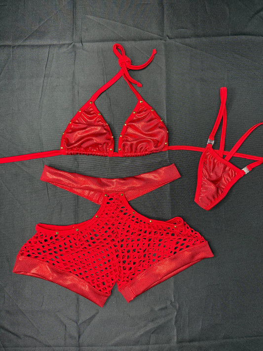 Metallic Red Spandex Bikini Top/Shorts Two-Piece Lingerie Outfit