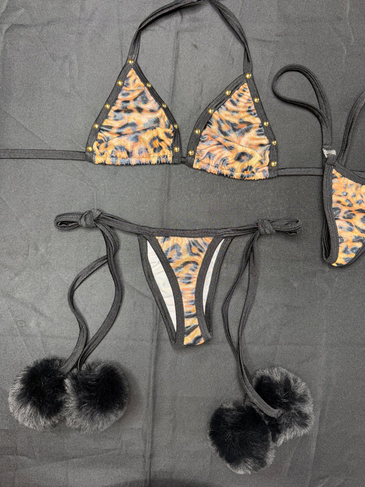 Holographic Cheetah Animal Print/Black Spandex Pom Pom Two-Piece Bikini Lingerie Outfit