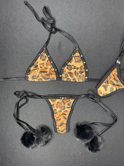 Cheetah Animal Print/Black Spandex/Black Fur Two-Piece Bikini Lingerie Outfit